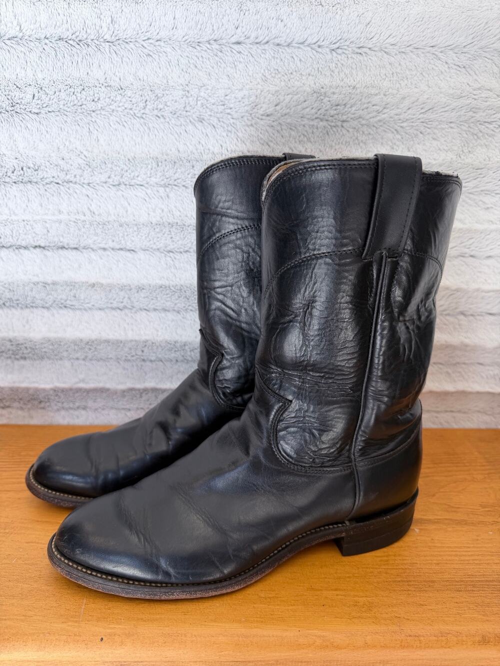 Vintage Justin 3133 Cowboy Roper Boots Men’s 7 EE Black Leather Made USA